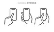 © Vectorillo - Hands holding mobile phone. Finger touching blank screen. Vector smart phone, electronic device line art icon. Editable line drawing. Black and white illustration, sign, symbol.