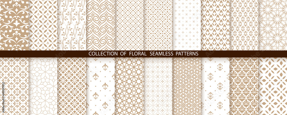 Geometric floral set of seamless patterns. Gold and white vector backgrounds. Simple illustrations - obrazy, fototapety, plakaty 