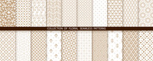 Geometric Floral Set Of Seamless Patterns. Gold And White Vector Backgrounds. Simple Illustrations
