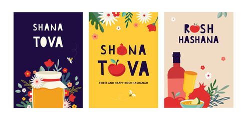 jewish new year, rosh hashanah, greeting card set with traditional icons. Happy New Year. Apple, honey, pomegranate, flowers and leaves, Jewish New Year symbols and icons. Vector illustration