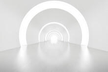 Abstract 3d Rendering Of Empty Futuristic Arch Tunnel Room With Light On The Wall. Sci-fi Concept.