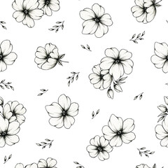 Seamless floral pattern design on white, black line drawing flowers, leaves and bouquet, graphic floral sketch illustration for wedding stationary, greetings, textile, fashion, wrapping paper