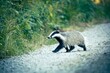 European badger meles meles running on gravel road next to bushes and forest during day time in Finland Nordic