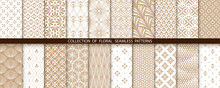 Geometric Floral Set Of Seamless Patterns. Gold And White Vector Backgrounds. Simple Illustrations