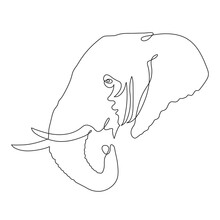 Hand Drawn Elephant Icon, One Line Art, Stylized Continuous Outline. Large Mammal With With Trunk And Tusks, Animal Head Logo .Doodle, Sketch Style. Doodle, Sketch Style. Isolated. Vector Illustration