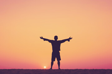 Wall Mural - Copy space of man rise hand up on sunset sky at beach and island background.