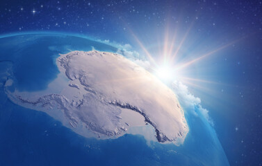 Canvas Print - sunrise through clouds, upon a high detailed satellite view of planet earth, focused on south pole, 