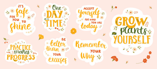 Set of stickers with motivational and inspirational lettering. Collection of hand-drawn designs in worm colors. 