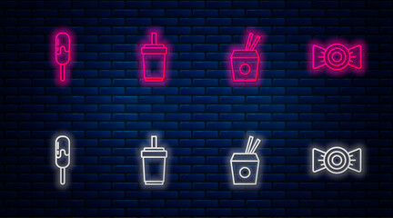 Canvas Print - Set line Paper glass with straw, Asian noodles and chopsticks, Ice cream and Candy. Glowing neon icon on brick wall. Vector