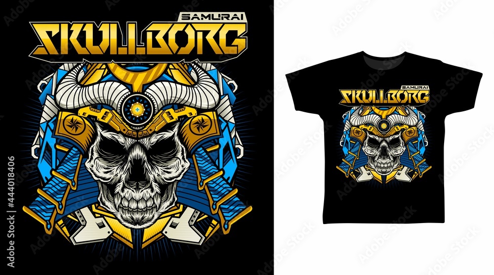 Mechanical Blue Samurai Skull with War Armor vector illustration t ...