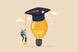 Education or academic help create business idea, skill and knowledge empower creativity concept, smart intelligence business man climb up bright light bulb idea waring mortarboard graduation cap.
