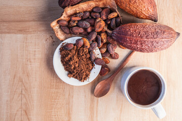 Hot cocoa cup with cocoa powder and cocoa beans on wooden background