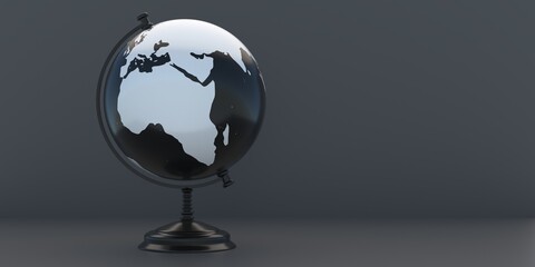globe school planet earth on black color desk background, copy space. 3d illustration