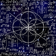 Wall Mural - scientific vector seamless with handwritten math formulas, calculations and spheric figures on starr