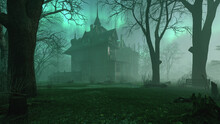 Old Haunted Abandoned Mansion In Creepy Night Forest With Cold Fog Atmosphere, 3d Rendering