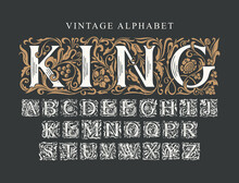 The Word KING. Luxury Design Of Ornate Royal Typeface For Monogram, Card, Invitation, Logo, Label, Signboard. Vintage Alphabet. Vector Set Of Hand-drawn Initial Alphabet Letters On A Black Background