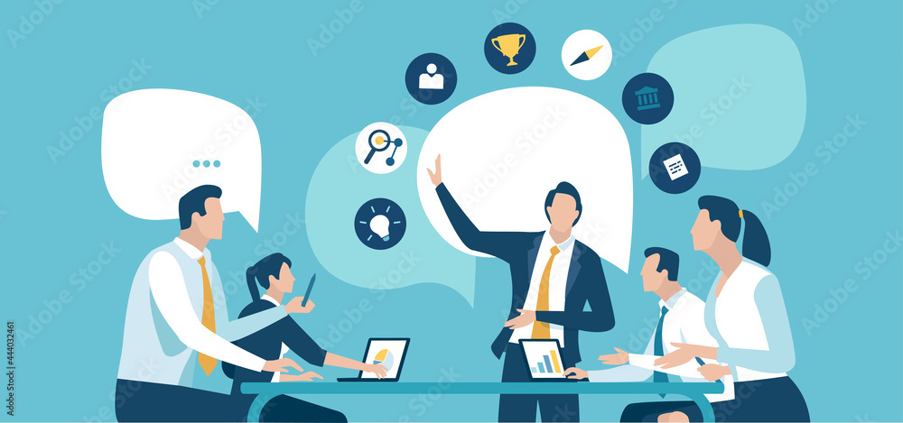 Business meeting illustration. Teamwork concept. Vector illustration. - obrazy, fototapety, plakaty 