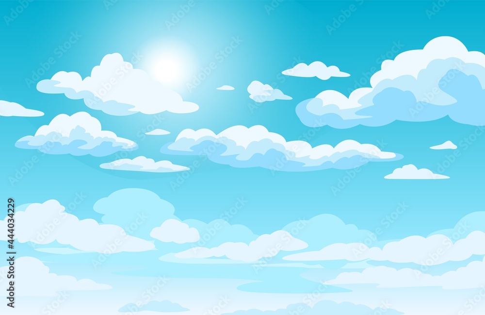 Blue sky with clouds. Anime style background with shining sun and white fluffy clouds. Sunny day sky scene cartoon vector illustration. Heavens with bright weather, summer season outdoor - obrazy, fototapety, plakaty 