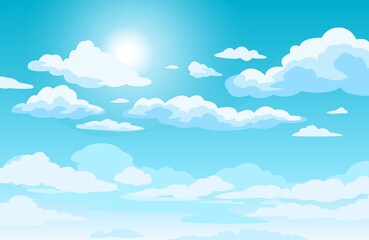blue sky with clouds. anime style background with shining sun and white fluffy clouds. sunny day sky