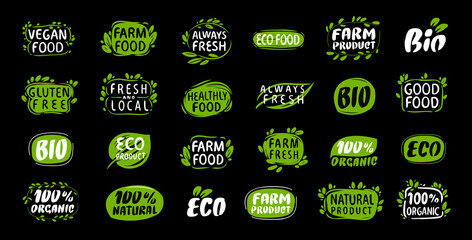 Poster - Set of labels and stickers for organic food and drink, natural products. Vector illustration concepts for packaging design