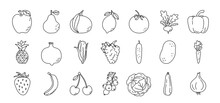 Fruit And Vegetable Sketch. Pineapple, Apple, Pear And Tangerine. Radish, Pepper, Pomegranate And Corn. Grape, Cucumber, Potato And Banana. Black Line Icon Collection. Vector Illustration Set