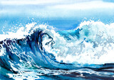 Fototapeta  - Illustration of a high sea wave with spray for surfing in watercolor. Book, postcard, poster, texture, print.