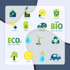 Wall Mural - Ecology green energy and recycling icons with shadows set isolated vector illustration