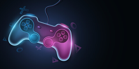 modern game pad with wire for video games. vector joystick with neon glow for game console. abstract