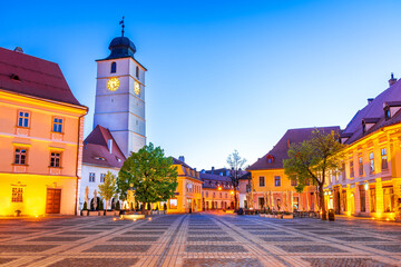 Fototapete - Sibiu, Council Tower on Large Square - Transylvania travel place of Romania
