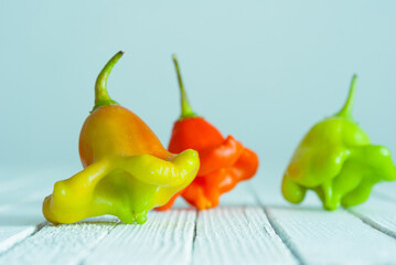 Wall Mural - chili on white wood table, side view