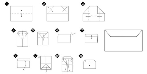 Aufkleber - How to make a origami envelope vector illustration. Monochrome black line step by step DIY instruction.