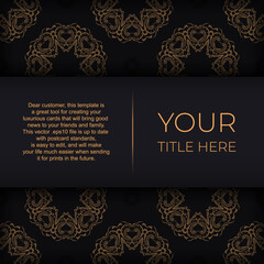 Black luxury postcard design with gold vintage mandala ornament. Can be used as background and wallpaper. Elegant and classic vector elements are great for decoration.