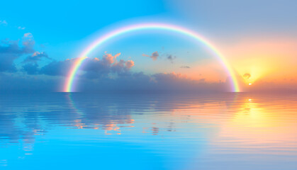 Beautiful landscape with turquoise sea with double sided rainbow at sunset