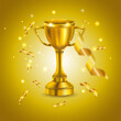© Anton - Trophy cup. Champion trophy, shiny golden cup and falling confetti, sport award. Winner prize, champions realistic vector illustration