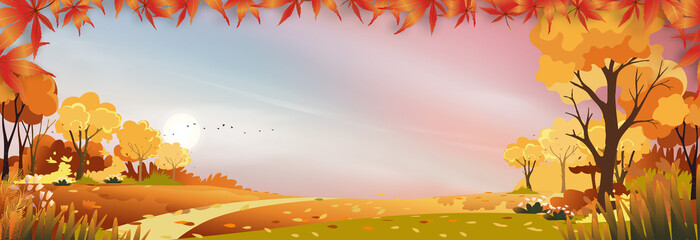 Wall Mural - Autumn landscap of farm field with pink and blue sky,Wonderland of Mid Autumn in countryside with filds, clouds sky and Sun in Orange foliage,Vector banner for fall season or Thank giving card