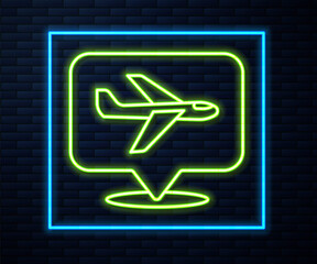 Sticker - Glowing neon line Plane icon isolated on brick wall background. Flying airplane icon. Airliner sign. Vector