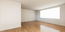 Interior Space. Empty White Room Background With A Wood Floor. 3D Render.