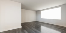 Interior Space. Empty White Room Background With A Grey Wood Floor. 3D Render.