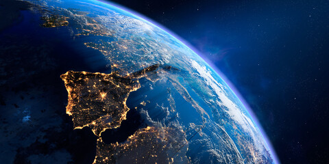 planet earth with exaggerated precise relief and volumetric atmosphere. day-night transition. europe