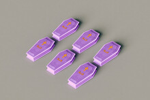 Six Violet Coffins On Grey Background