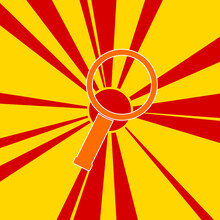 Magnifier Symbol On A Background Of Red Flash Explosion Radial Lines. The Large Orange Symbol Is Located In The Center Of The Sun, Symbolizing The Sunrise. Vector Illustration On Yellow Background