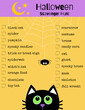 Halloween scavenger hunt. Funny game for kids. Printable worksheet. Black cat and spider. Activities ideas supplies. 