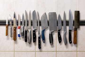 Many different knives are attached to a magnetic knife holder on the wall.
