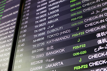 Screen With Departure Flights In Airport, Tokyo Kathmandu Bangkok