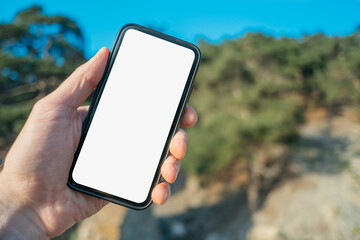 Sticker - Man holds a cell phone in his hand against the backdrop of a forest landscape. Cell phone screen for mockup.