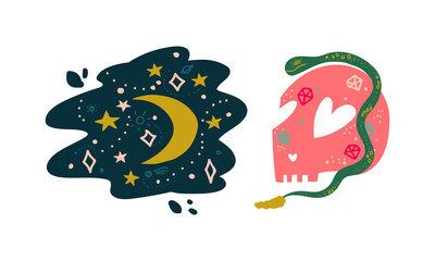 Sticker - Snake, Skull and Starry Sky as Witchcraft Object for Spells and Performing Magical Rituals Vector Set