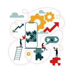 Process of creating mobile application. Mobile app design and user interface development concept. The development team is working on creating an application for the mobile phone.