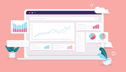 Fototapete - Analysing data on computer screen - Laptop with software, charts, graphs and diagrams. Statics and analytics concept. Vector illustration.
