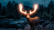Leinwandbild Motiv Male Deer with Glowing Antlers. Magical Artistic Render. Background from British Columbia, Canada.