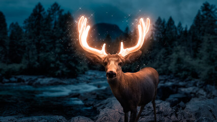 male deer with glowing antlers. magical artistic render. background from british columbia, canada.